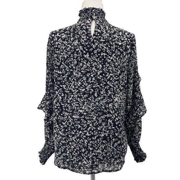 Calvin Klein Small Floral Mock Neck Ruffle Sleeve Blouse Black White - Picture 3 of 12